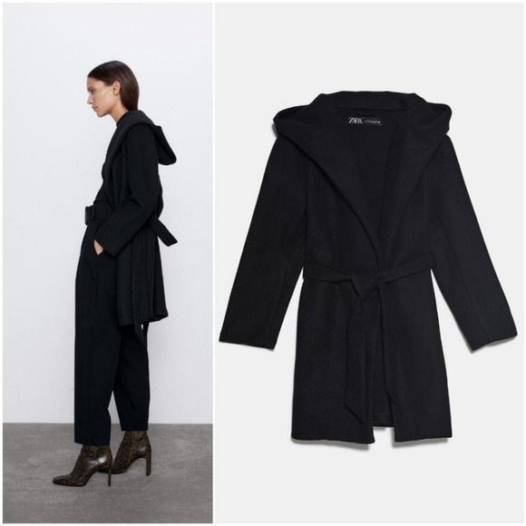 Zara black hooded wrap coat - Picture 3 of 8